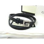 Gucci Bracelet Logo Black Patent Leather Rhinestone 2 Row Silver