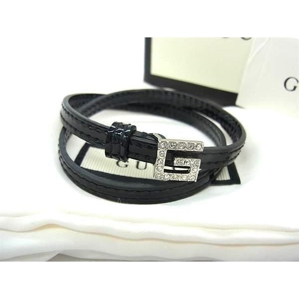 Gucci Bracelet Logo Black Patent Leather Rhinestone 2 Row Silver