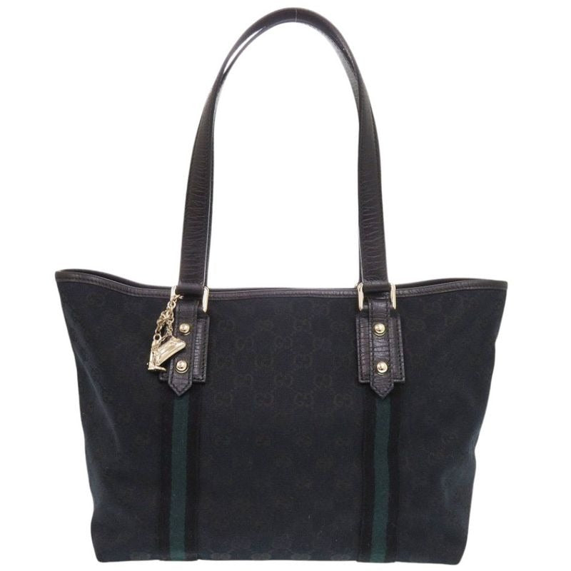 Gucci Sherry Line GG Canvas Black Tote Bag Green 0090