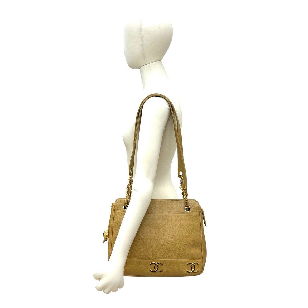 Chanel Vintage Triple Coco Caviar Leather Chain Tote Beige — view 2