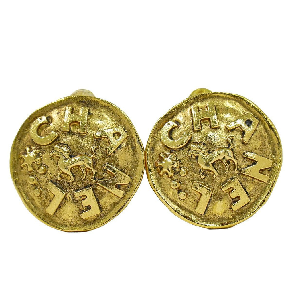 Chanel Logo Lion Motif Earrings Gold Plated