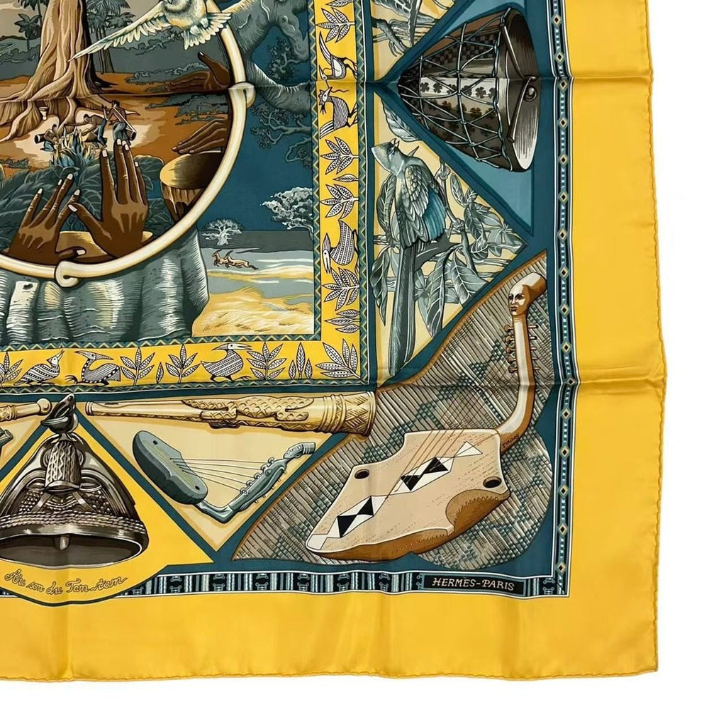 Hermes Scarf Carre 90 Au Son du Tam Silk Yellow to the Sound of Tam — view 5
