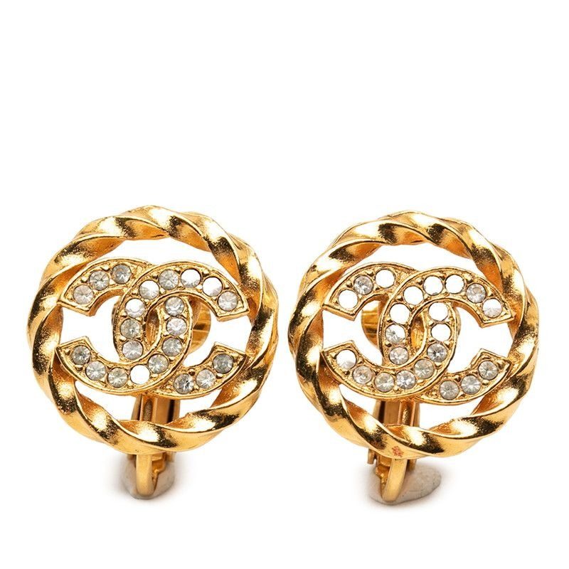 Chanel CC Logo Earrings Gold Plated Rhinestone