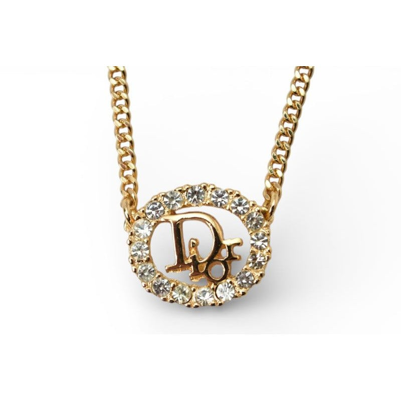 Dior Necklace Vintage Logo Rhinestone Gold