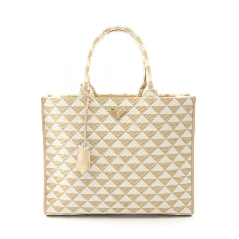 Prada Tote Bag Triangolo Jacquard Symbol Embroidery 1 Ba356 Beige White Canvas