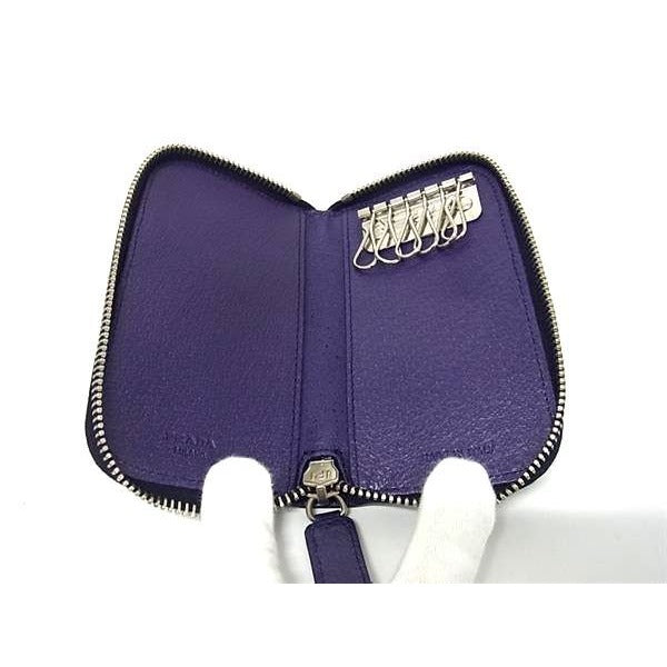 Prada Key Case Purple Leather Zip Around 6 Rows Silver