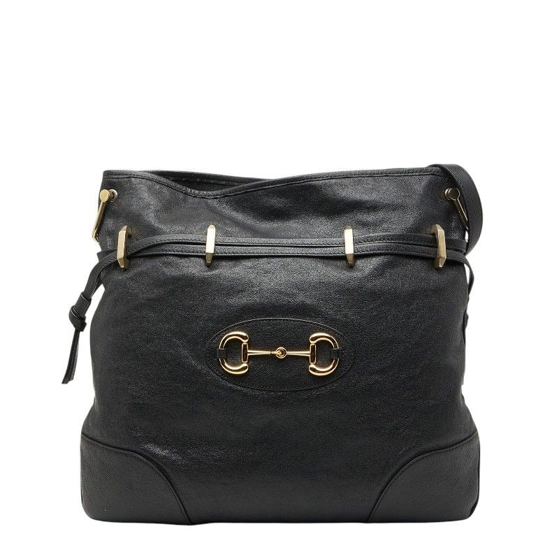 Gucci Horsebit Shoulder Bag Drawstring Black Leather