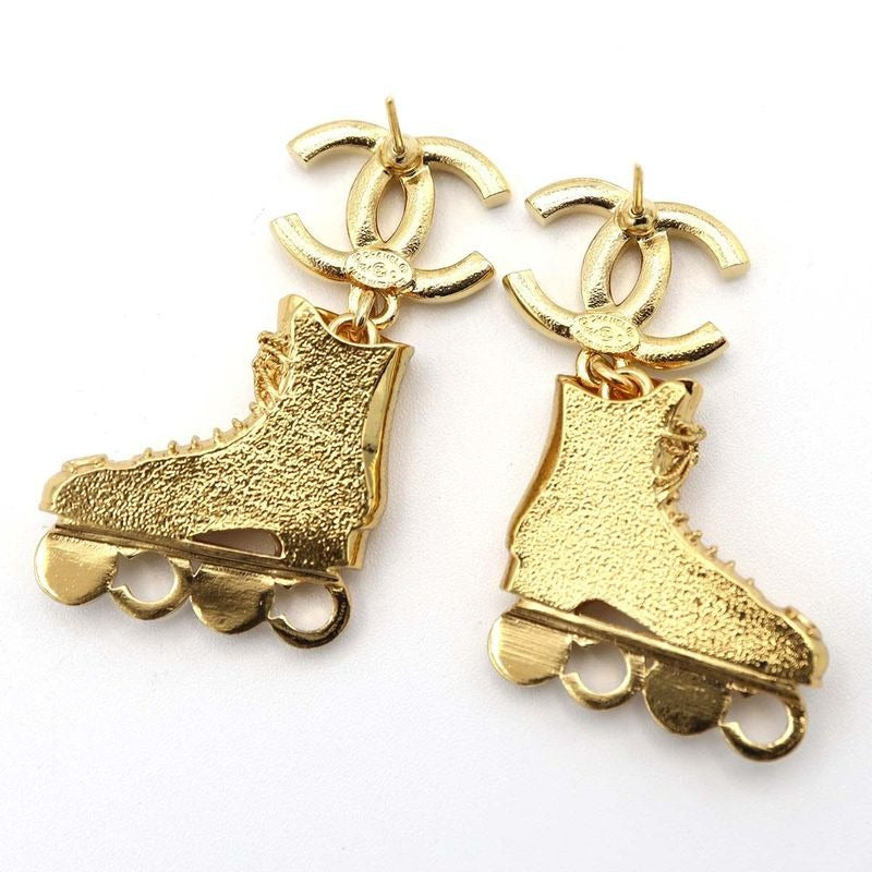Chanel Roller Skate Earrings F24 COCO Mark Faux Pearl Rhinestone Gold Color — view 2