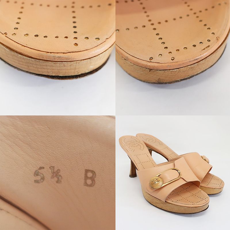 Chanel Sandals Mule Wood Button Coco Mark Pink Beige Size 35.5 — view 9