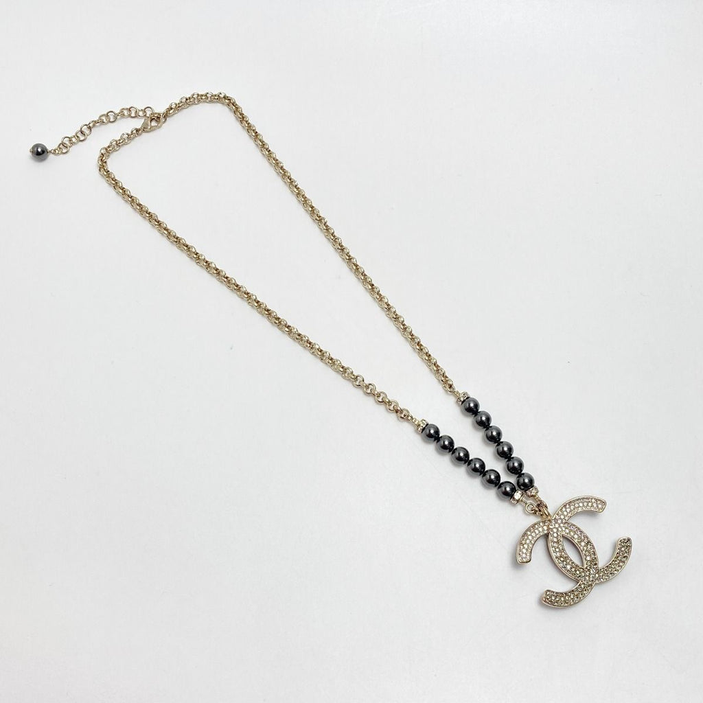 Chanel Coco Mark Rhinestone Faux Pearl Necklace C23 P Champagne Gold Black — view 6