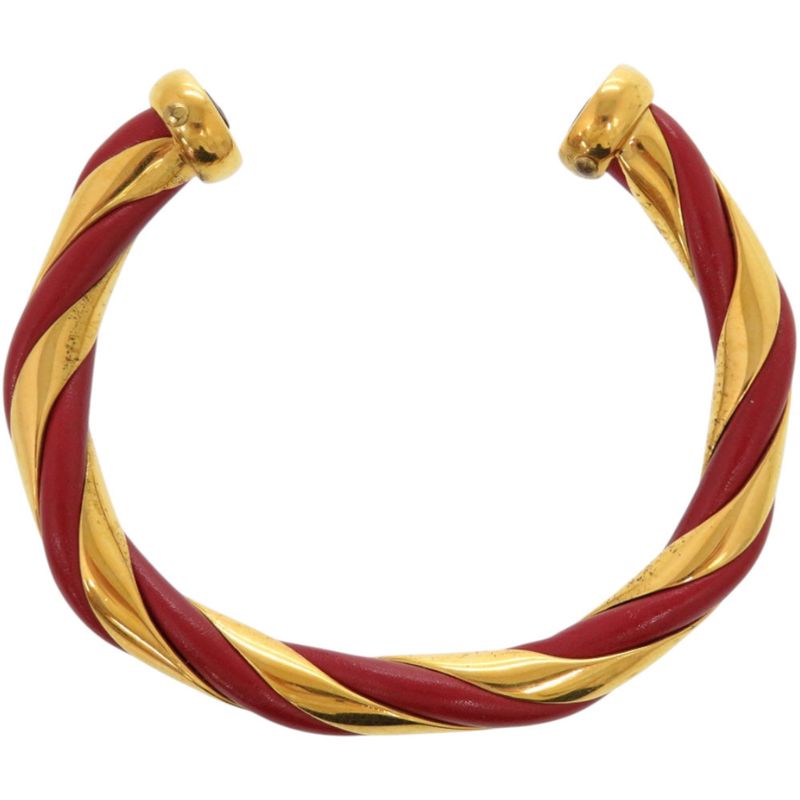 Hermes Twisted Metal Leather Red Gold Hardware Bangle 0079 — view 4