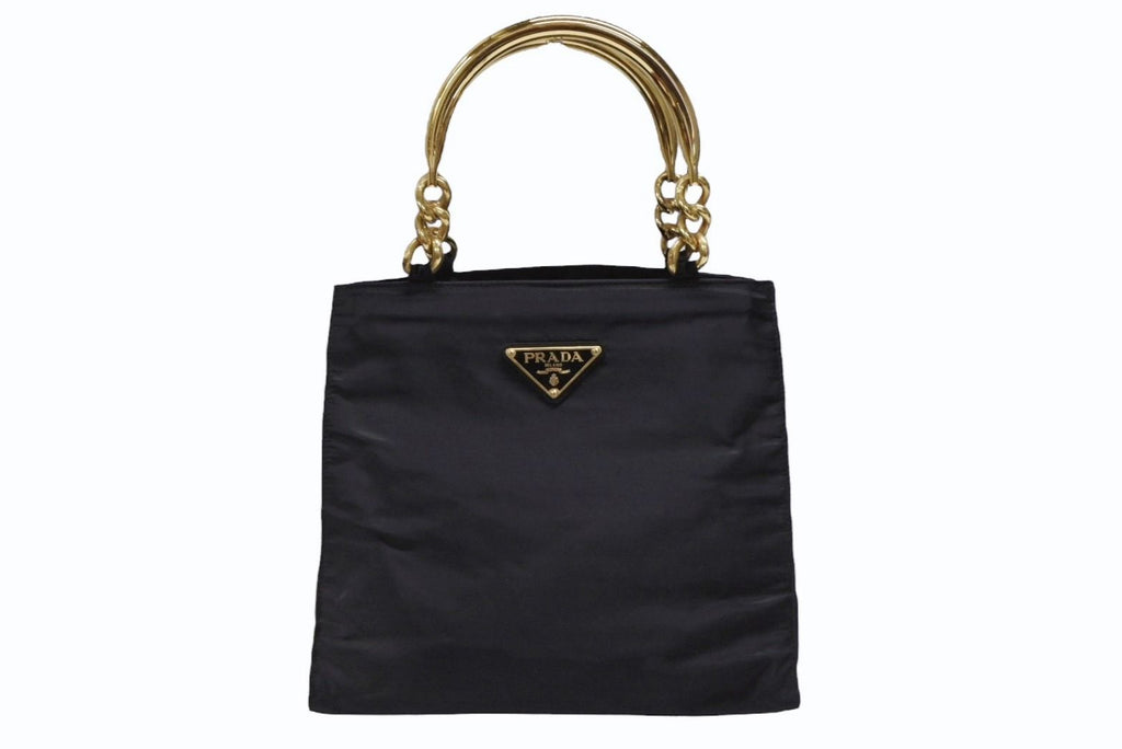 Prada Handbag Triangle Logo Nylon Gold Black