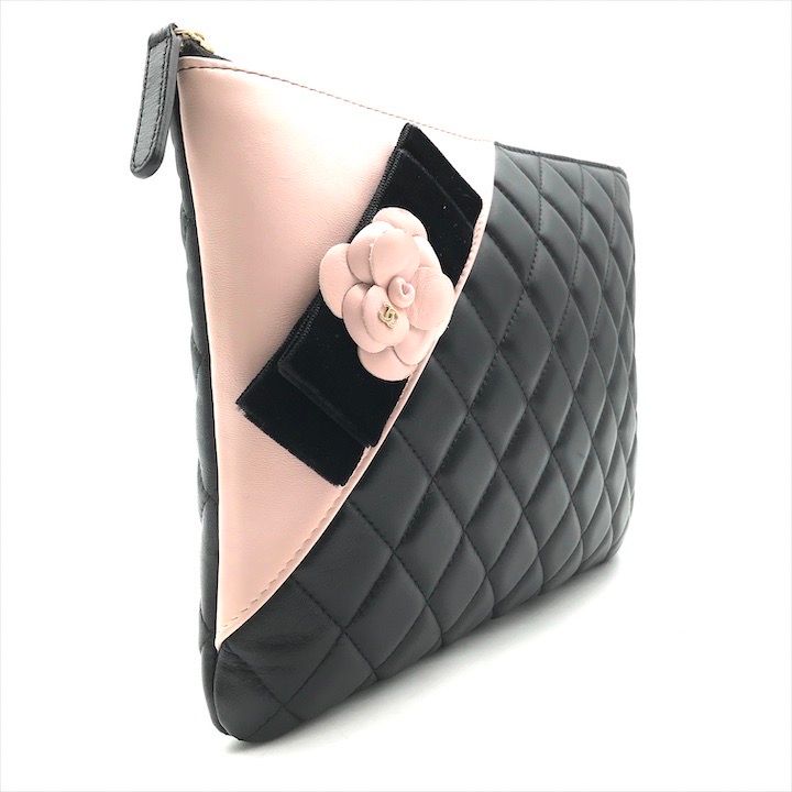 Chanel CC Logo Quilted Camellia Lambskin Clutch Black Pink Case — view 7