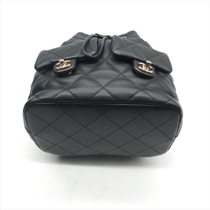 Chanel Quilted Lambskin CC Logo Drawstring Chain Backpack Pack Black — view 4