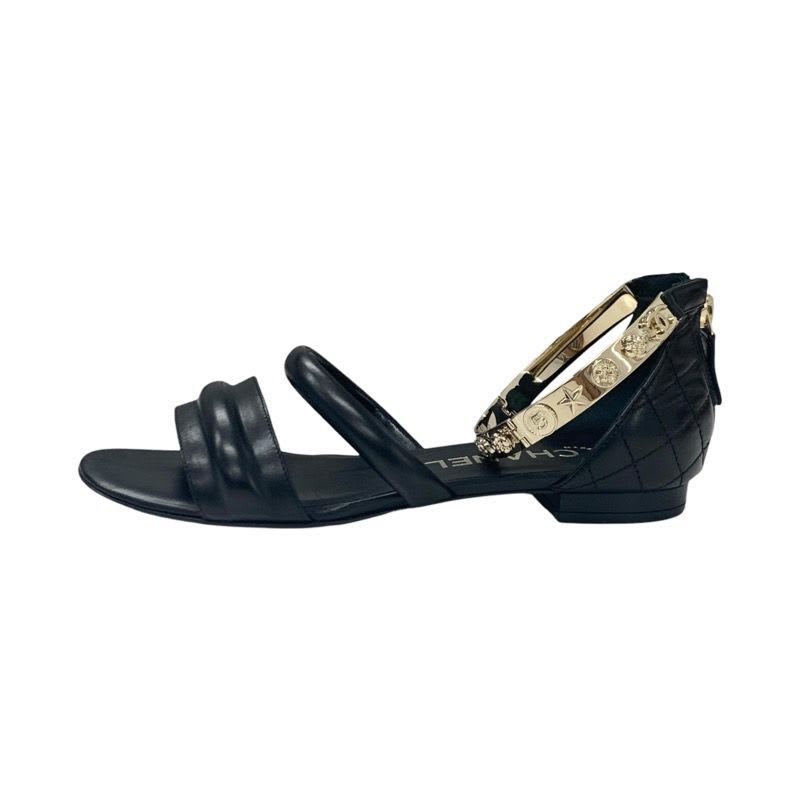 Chanel Sandals Shoes Leather Black Gold Coco Mark Icon Metal Strap Quilted — view 3