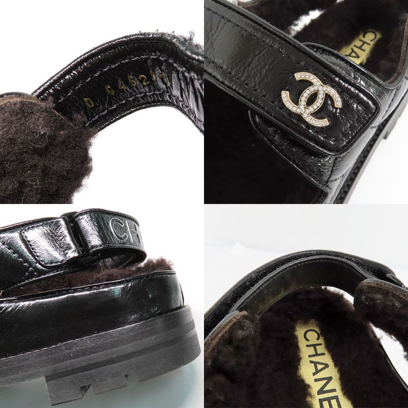 Chanel Sandals 23 K boa Rhinestone Coco Mark 38 Black Leather — view 8