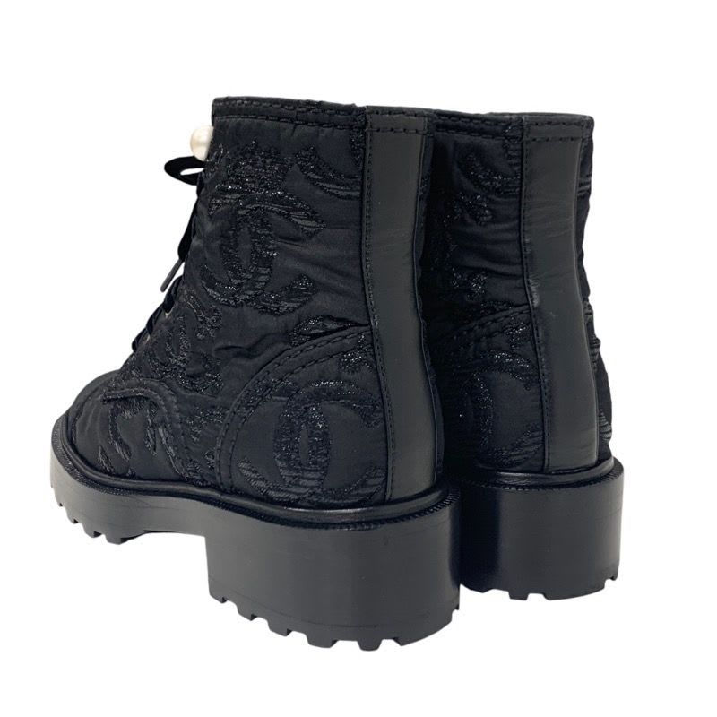 Chanel Boots Short Shoes Fabric Black Coco Mark Lace Up Pearl — view 4
