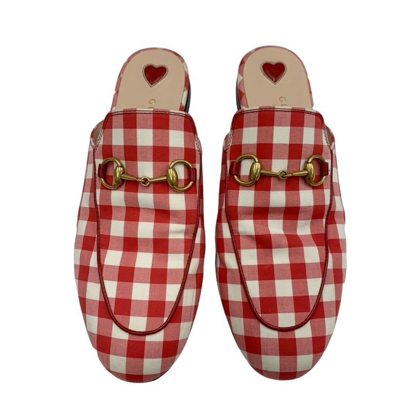 Gucci Prince Town Flat Shoes Fabric Red White Gold Mule Slipper Sandals Check — view 2