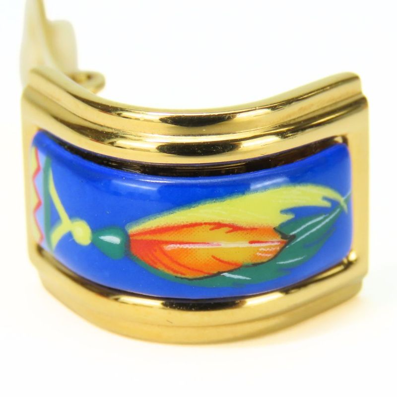 Hermes Earrings Emile Feather Pattern Metal Cloisonne Blue Multicolor Plated — view 3