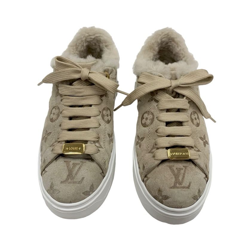 Louis Vuitton Time Out Line Monogram Sneakers Shoes Suede Leather Mouton Beige — view 2