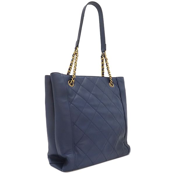 Chanel Tote Quilted Small Shopping Bag Calf Leather Navy Gold Hardware — view 2