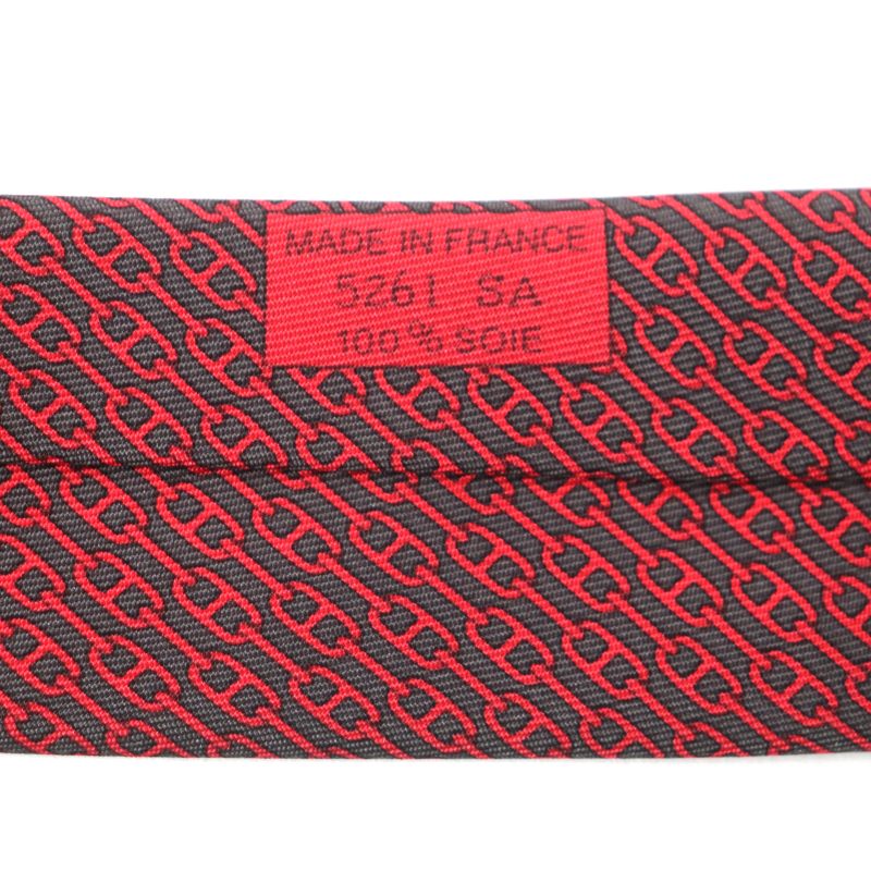 Hermes 5261 100% Silk Anthracite Rouge Cravat Chaine D'ancre Patterned Tie — view 7