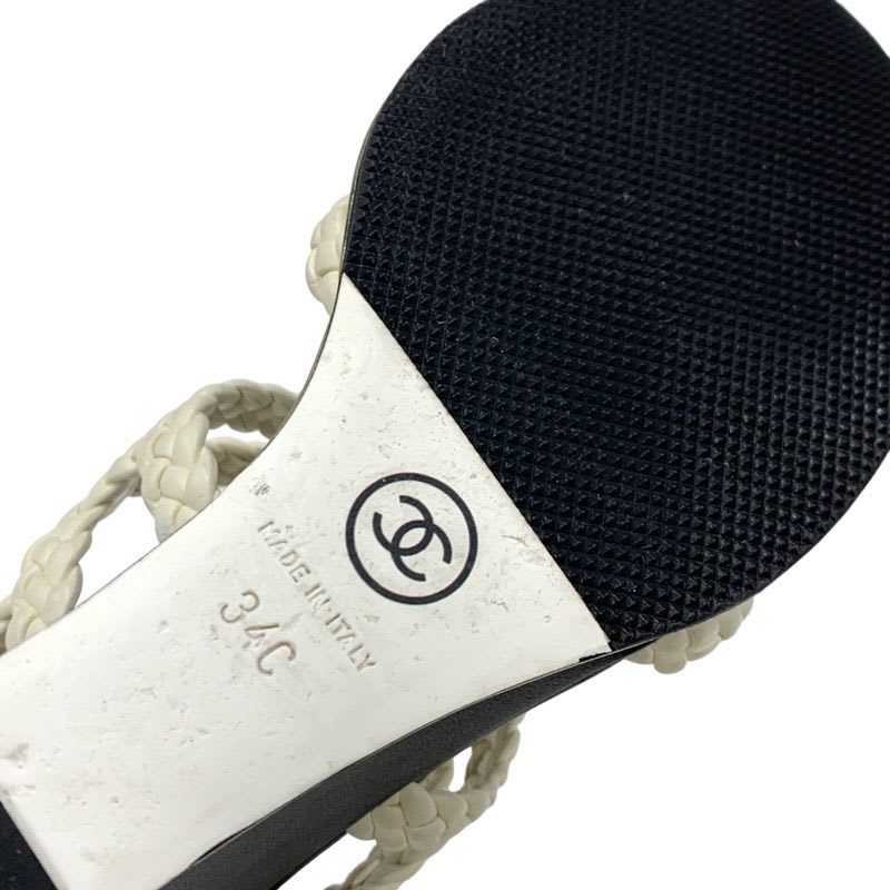 Chanel Sandals Shoes Lambskin White Black Coco Mark Braided Wedge Sole — view 8