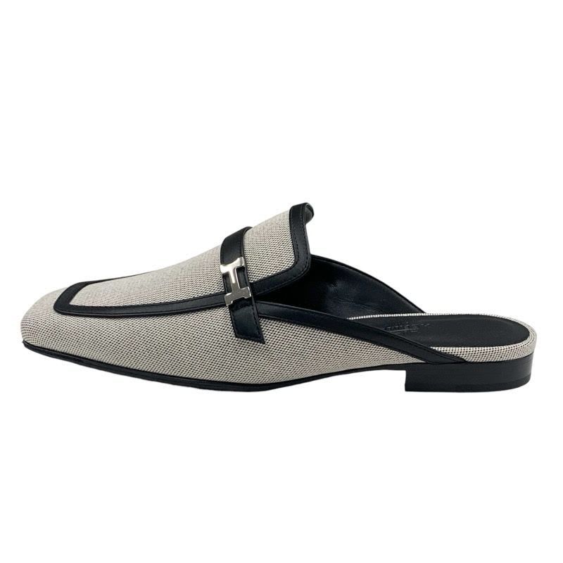 Hermes Groupie Flat Shoes Canvas Leather Black Mule Slipper Sandals — view 3
