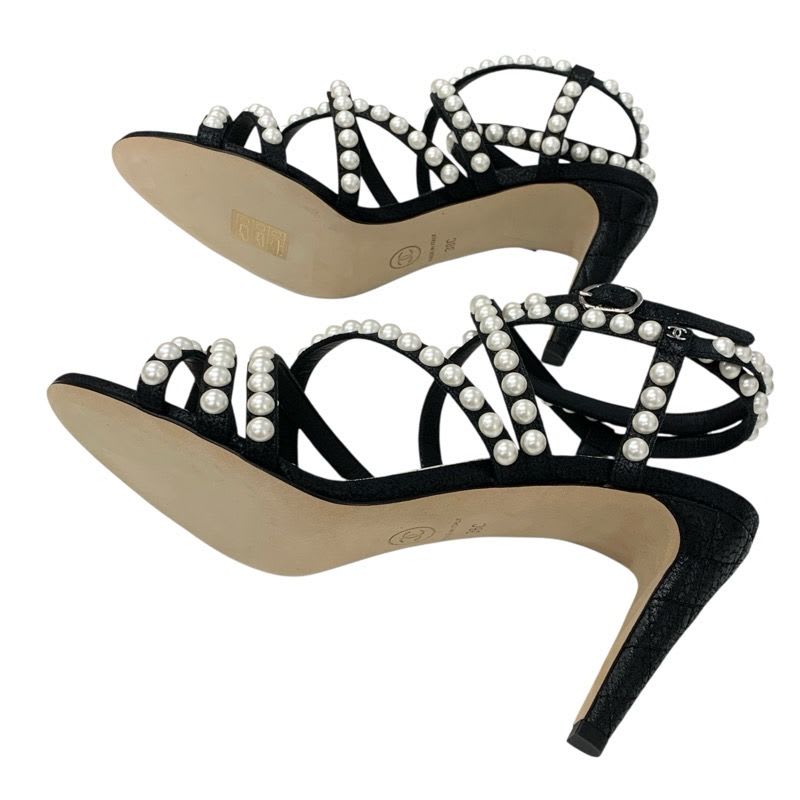 Chanel Sandals Shoes Leather Black White Coco Mark Pearl Quilted Strap — view 6
