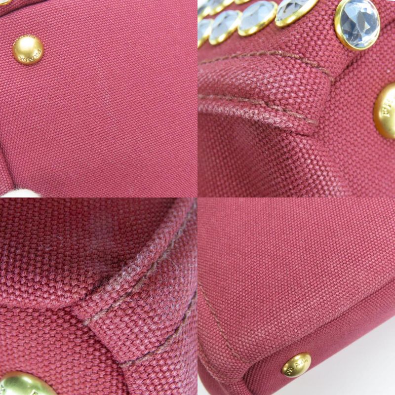 Prada Tote Bag Canapa B2642 O Studded Canvas Amaranto Wine Red Gold Hardware — view 6