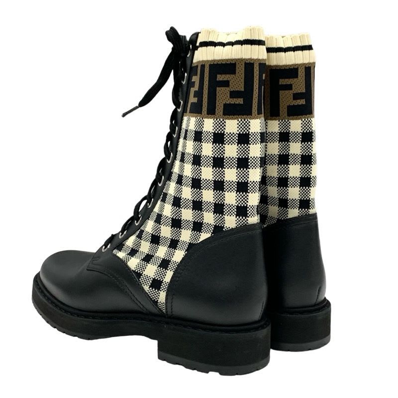 Fendi Rococo Boots Short Shoes Zucca Check Lace Up Leather Fabric Black — view 4