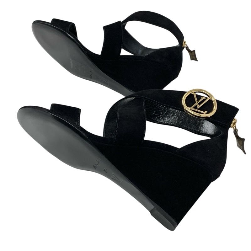 Louis Vuitton Horizon Line Sandals Shoes Suede Black Gold Lvhardware Wedge Sole — view 6