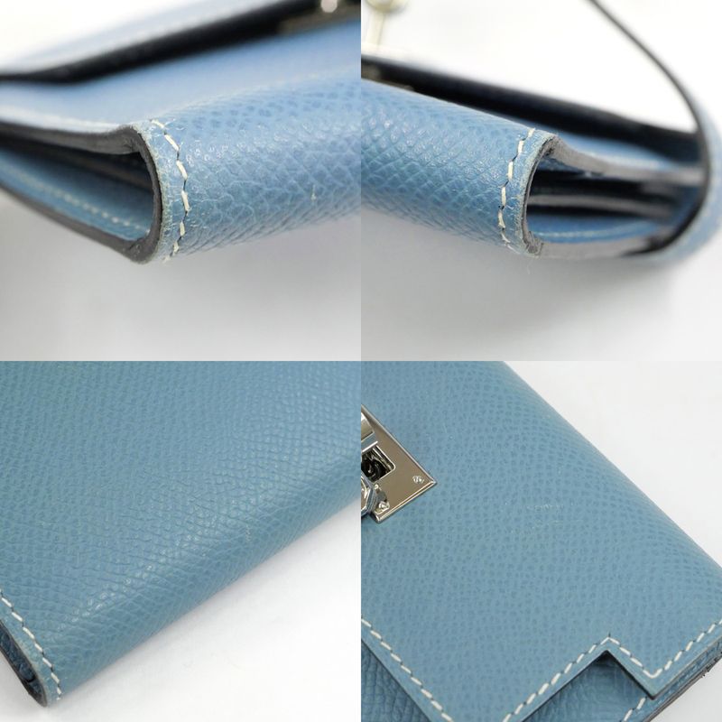 Hermes Kelly Wallet Compact Trifold Blue Jean Silver Hardware — view 9