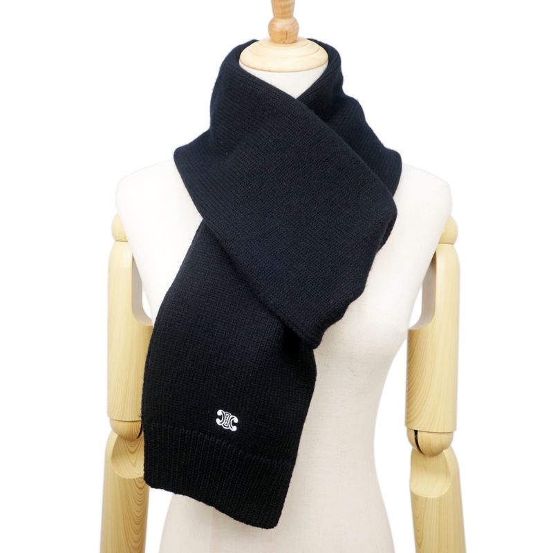 Celine Muffler Black BK Triomphe Logo Wool Accessories Scarf — view 9