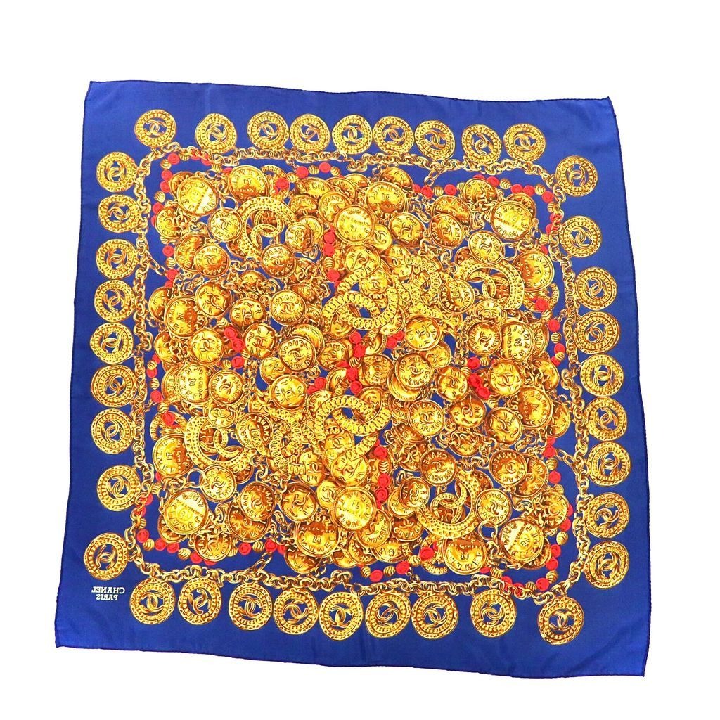 Chanel Scarf Navy Blue and Gold Silk All-Over Print Coco Mark Chain Jewelry — view 2