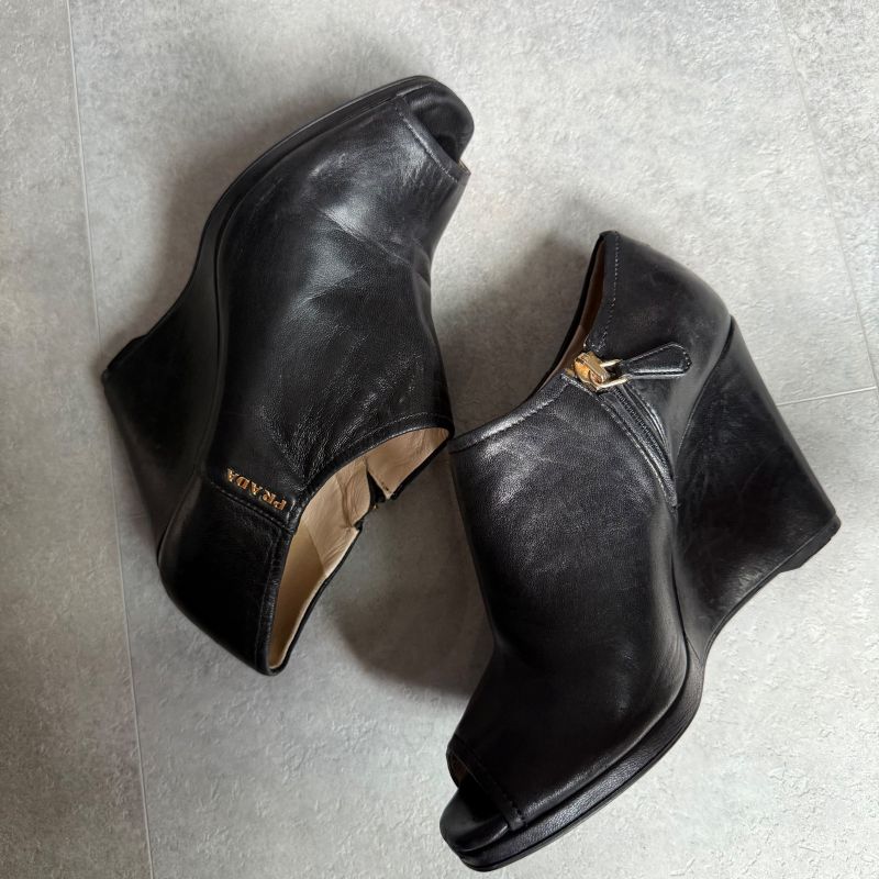 Prada Leather Wedge Sole Logo Booties 35 1 2 Short Boots Black — view 5