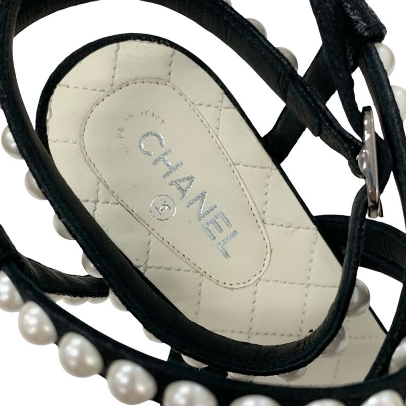 Chanel Sandals Shoes Leather Black White Coco Mark Pearl Quilted Strap — view 7