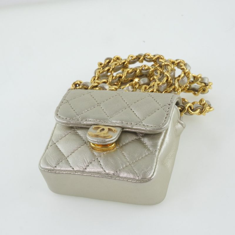 Chanel Chain Pochette Micro Quilted Calf Silver Shoulder Bag — view 5