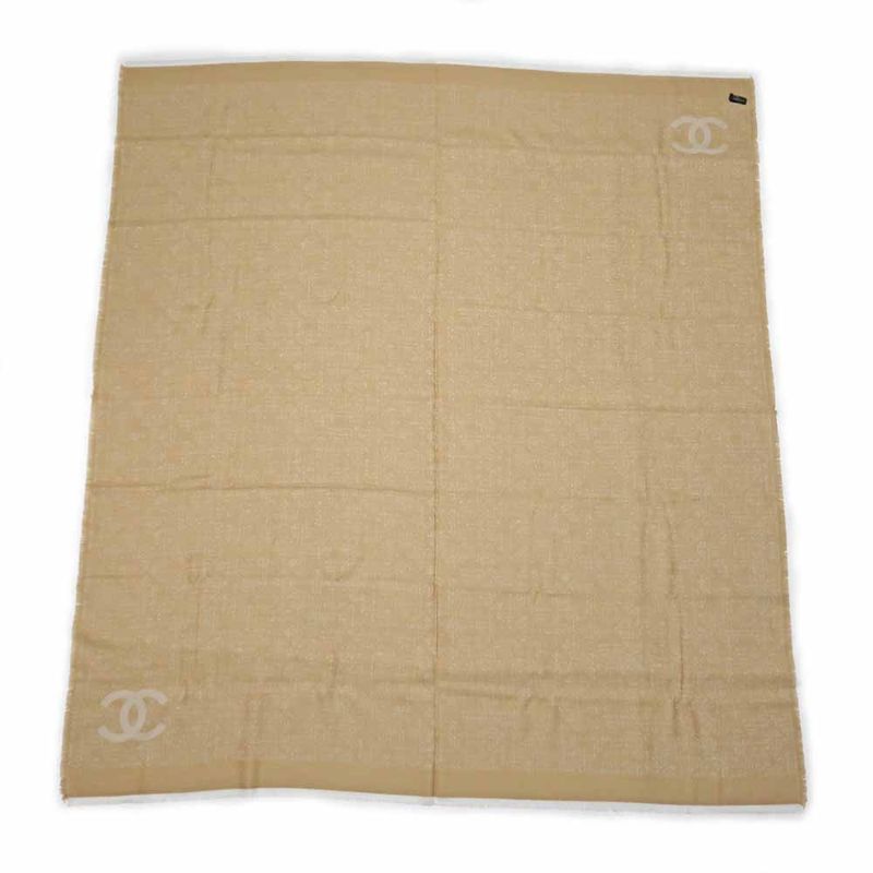 Chanel Large Shawl CC Mark Beige Wool Fringe — view 2