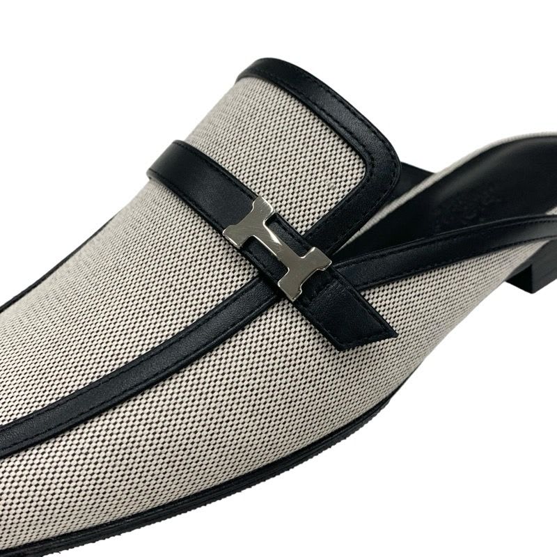 Hermes Groupie Flat Shoes Canvas Leather Black Mule Slipper Sandals — view 9
