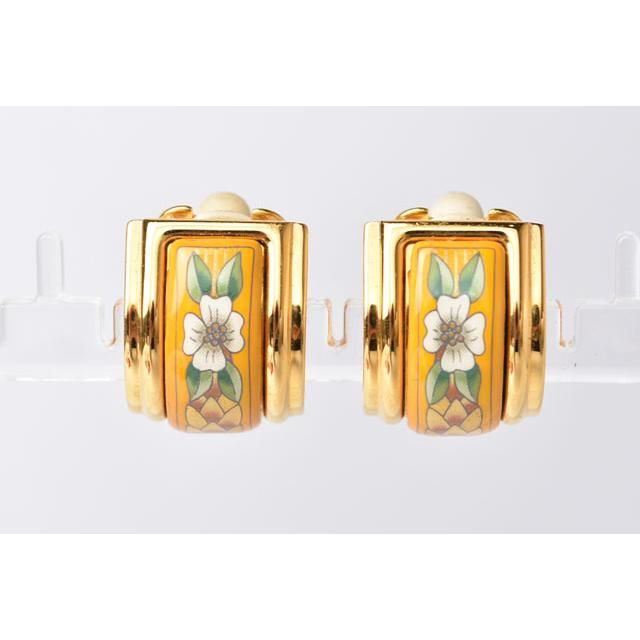 Hermes Earrings Emailles Cloisonne Enamel With Flower Motif Yellow — view 5