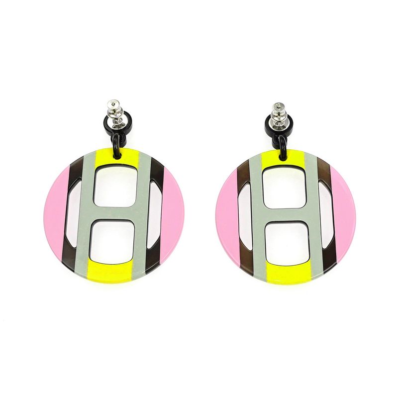 Hermes Earrings H Equipe Buffalo Horn Pair Multicolor Pink Gray Yellow — view 3