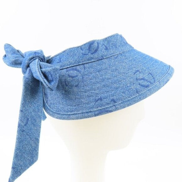 Chanel CC Denim Hat Sun Visor Ribbon Tie Wide Brim Bucket Cap Vintage — view 2