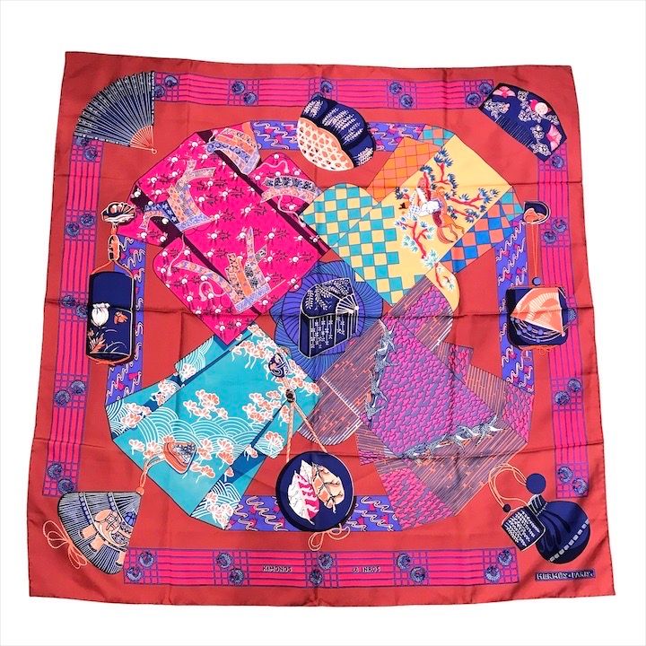 Hermes Carre 90 Scarf Silk 100% Kimono and Inro Red — view 2