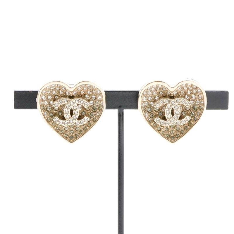 Chanel Earrings Gold Black Coco Mark Rhinestone Heart — view 7