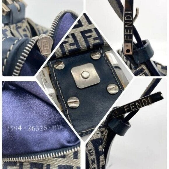 Fendi Mamma Zucca Bucket Baguette Navy Tan Flap Bag Purse Tote FF — view 7