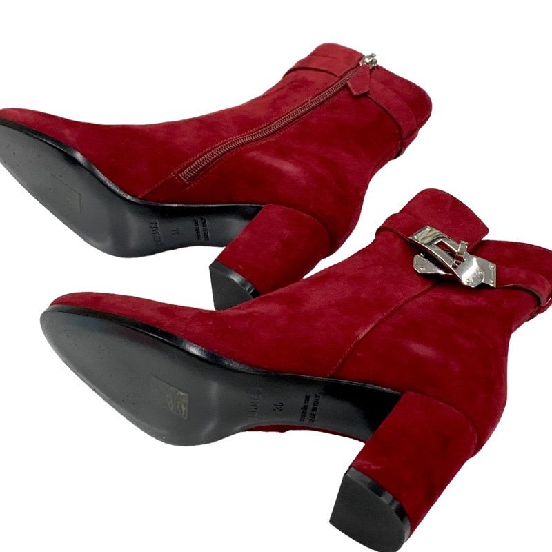 Hermes Saint Germain Boots Short Shoes Kelly Hardware Suede Red Silver — view 6