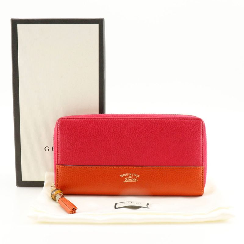 Gucci Round Zipper Bamboo Tassel Bicolor Calf Pink Orange Long — view 9