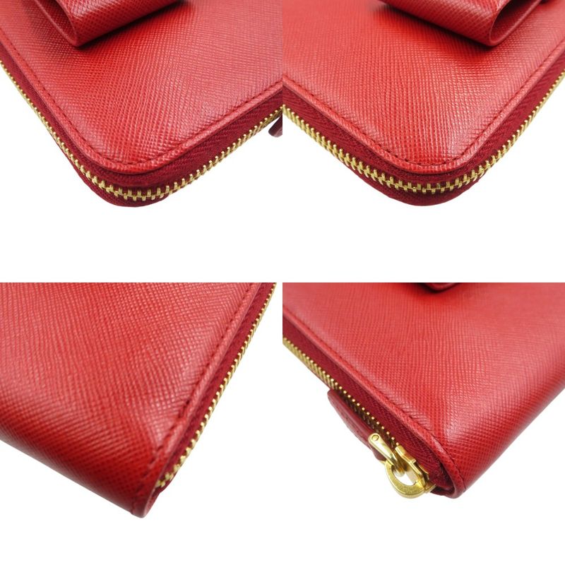 Prada Ribbon 1 M0506 Saffiano Leather Gold Hardware Red Round Zipper Long Wallet — view 7