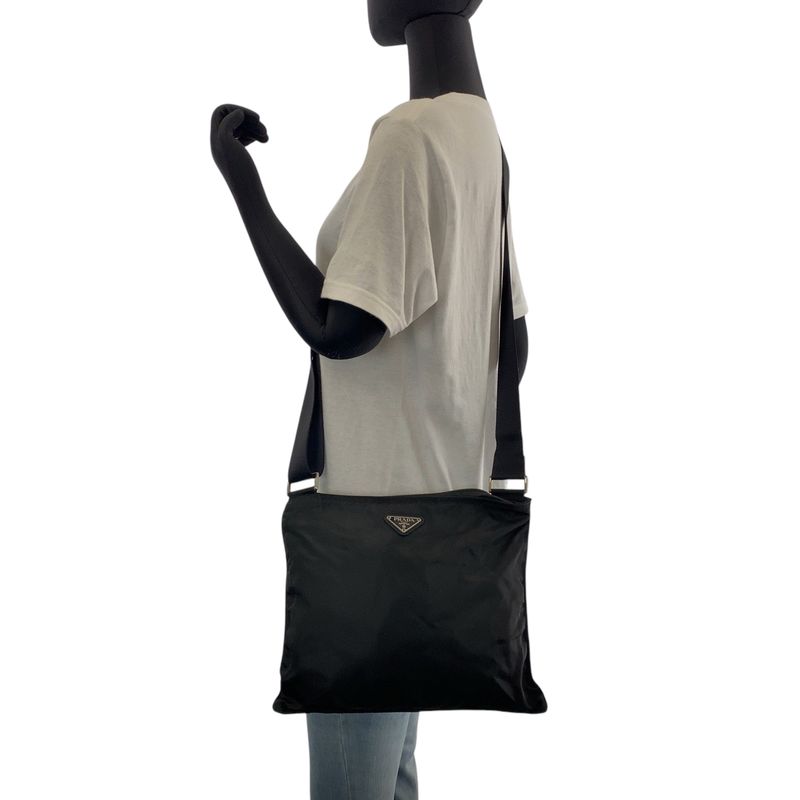 Prada Tessuto Triangle Logo Plate Black Silver Hardware Nylon Shoulder Bag — view 7
